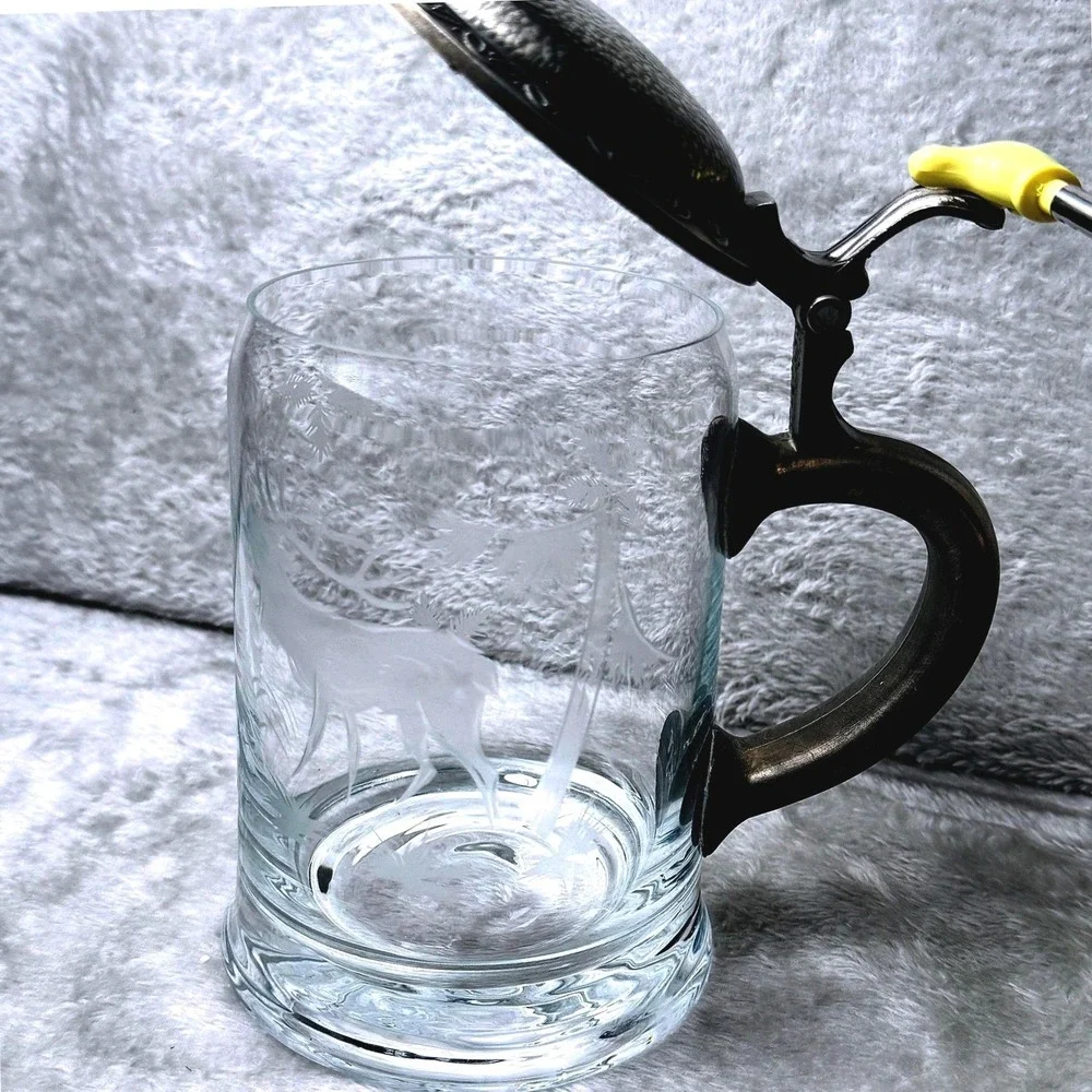 Beer Stein Vintage‎ Etched Glass Pewter Lid Stag Deer Forest Scene German Style